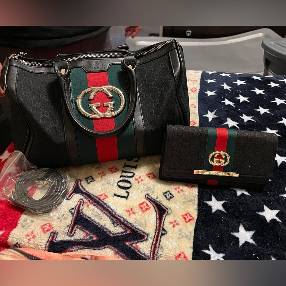 Gucci Black GG Canvas Tote with Green and Red Web Stripe